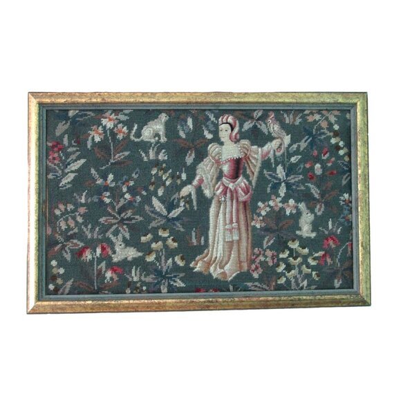 Medieval Lady Falconer Needlepoint Art In Antique Gold Frame GUC - Picture 1 of 16